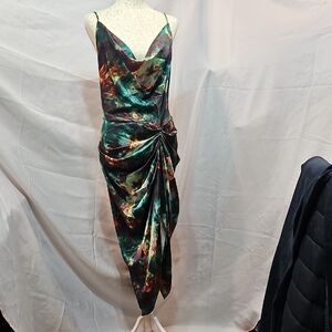 PrettyLittleThing Green Multi-Print Cowl Midi Slip Dress.  Sz 12